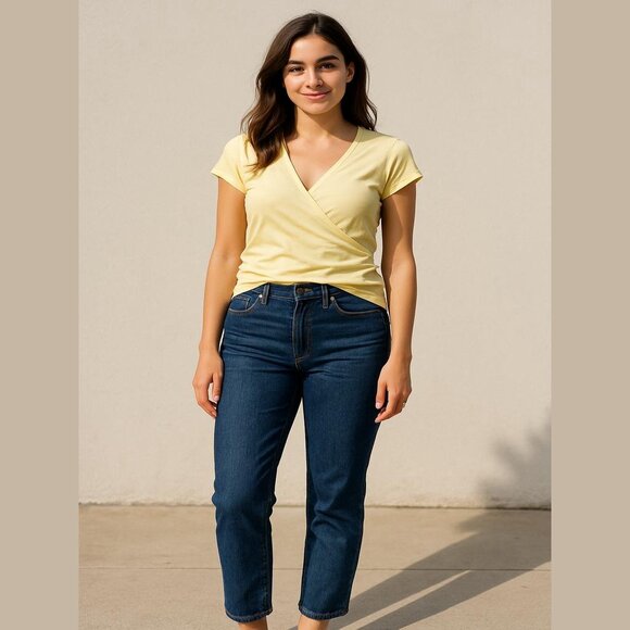 Nautica Vintage Women's Size S Butter Yellow Faux Wrap Front 100% Cotton Shirt - Picture 1 of 11